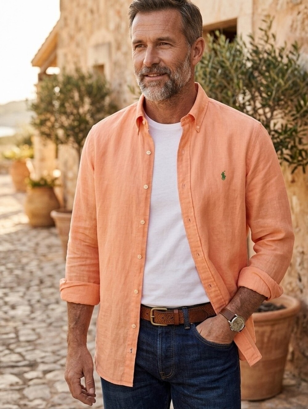Ralph Lauren 100% Linen Shirt Mens XL Orange Short Sleeve Classic Fit V